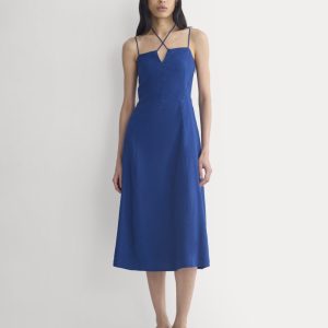 Tie-Neck Dress in Stretch Linen | Estate Blue