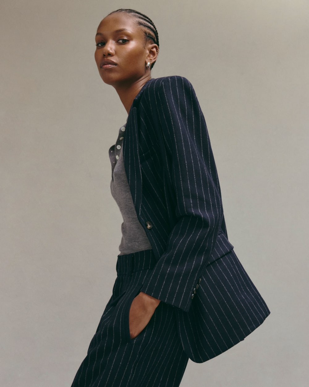 The Oversized Blazer in Wool | Navy / White - Image 7