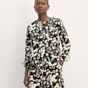 The Popover Shirt in Linen | Black / Bone Floral