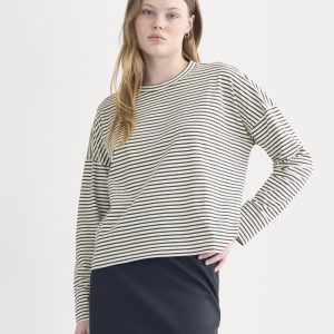 Oversized Boxy Crew in Essential Cotton | Bone / Pirate Black Stripe