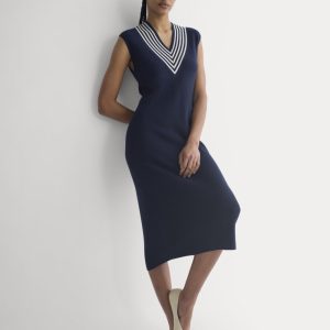 Relaxed V-Neck Midi Sweater Dress in Cotton Merino | Navy