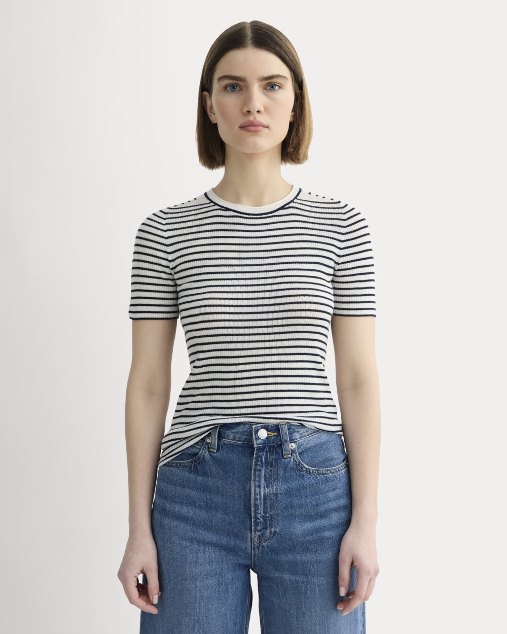 The Sweater Tee in Ultrasoft Merino | Bone/Navy