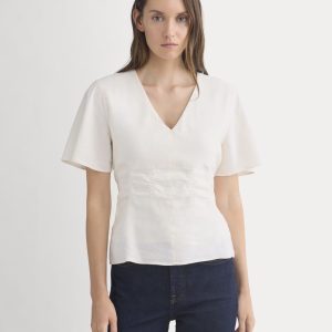Cinched Top in Stretch Linen | Bone