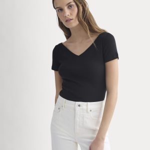 Tissue Short-Sleeve V-Neck Top | Black
