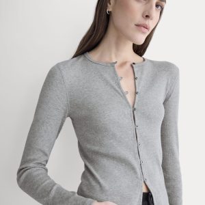 Luxe Rib Button-Up Top | Heathered Light Grey