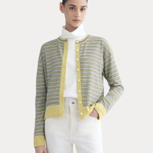 Crew Cardigan in Ultrasoft Merino | Double Cream Multi Stripe