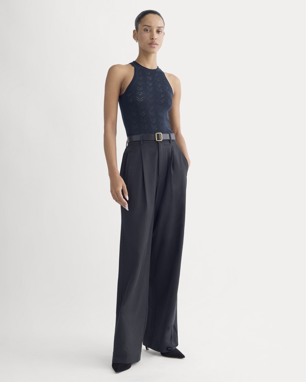 The Pointelle Racerback Tank in Ultrafine Merino | Navy - Image 3